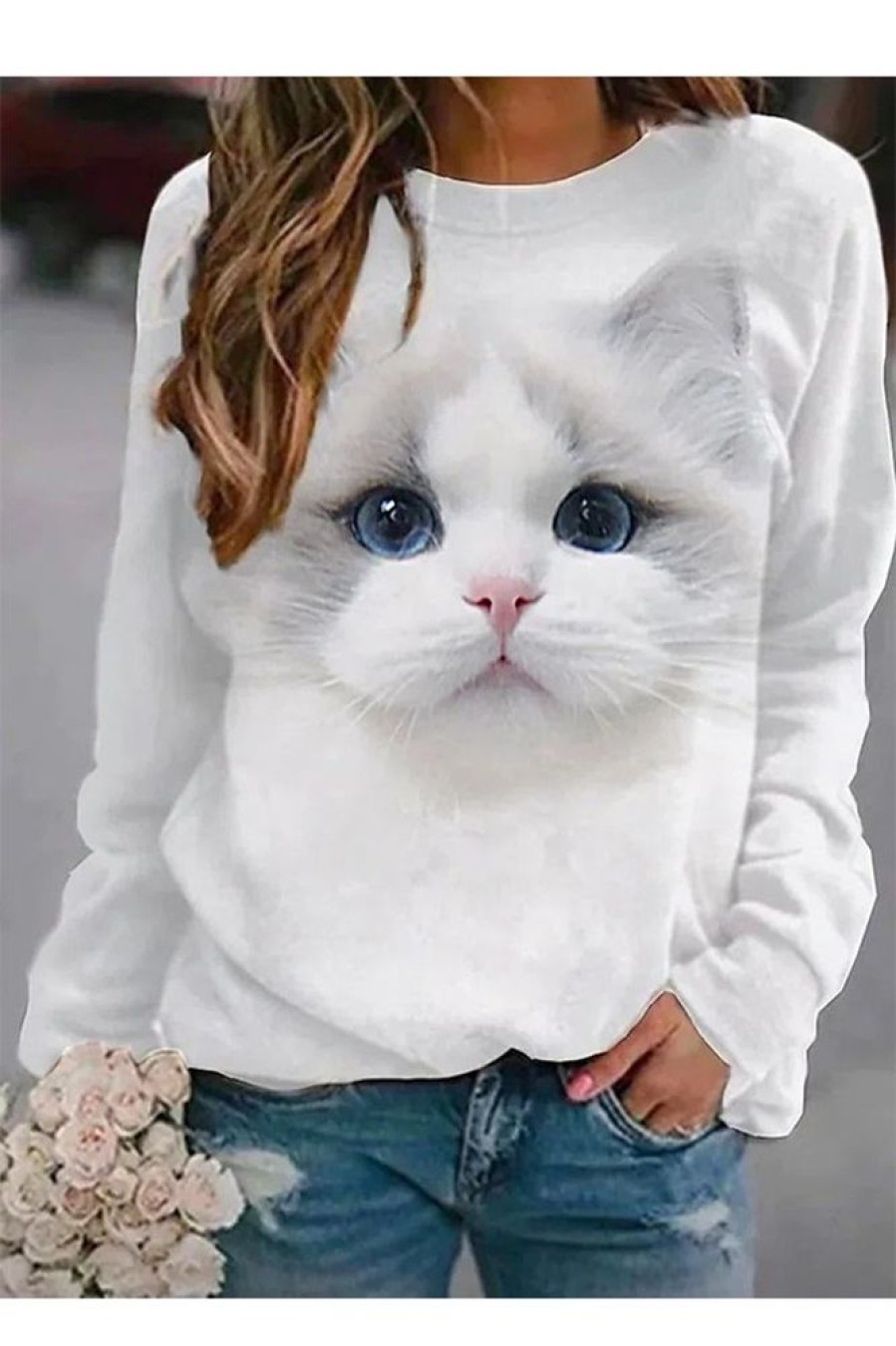 Clothing Azzlee Sweatshirt & Hoodies | Casual Graphic Tops Round Neck Long Sleeve Cat Printed Sweatshirts White