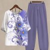 Clothing Azzlee | Casual Round Neck Floral Printed Half Sleeve Two Piece Suit Light Purple