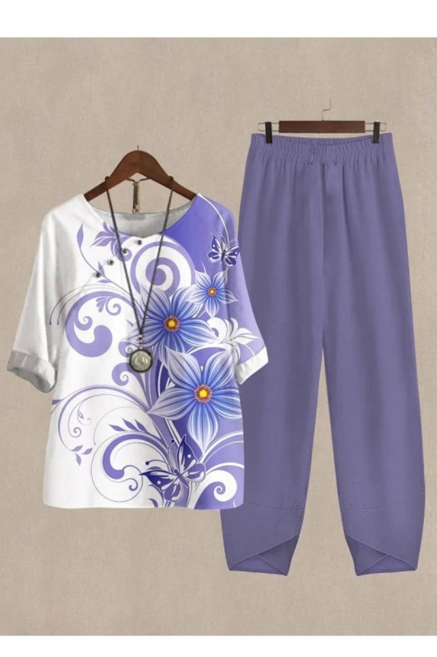 Clothing Azzlee | Casual Round Neck Floral Printed Half Sleeve Two Piece Suit Light Purple