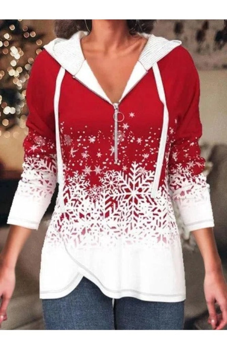 Clothing Azzlee Sweatshirt & Hoodies | Casual V Neck Snowflake Printed Long Sleeve Hoodie Red