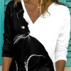 Clothing Azzlee Blouse & Shirts | Casual Graphic Tops V-Neck Long Sleeve Black Cat Printed Blouse Black-White