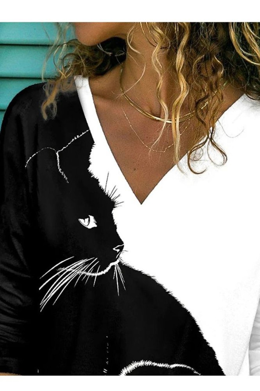 Clothing Azzlee Blouse & Shirts | Casual Graphic Tops V-Neck Long Sleeve Black Cat Printed Blouse Black-White