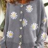 Clothing Azzlee Coats | Casual Graphic Tops Long Sleeve Round Neck Floral Printed Sweater Coat Gray