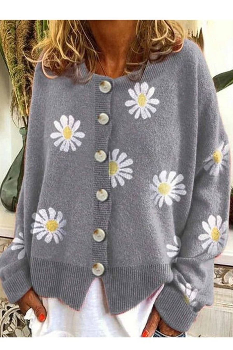 Clothing Azzlee Coats | Casual Graphic Tops Long Sleeve Round Neck Floral Printed Sweater Coat Gray