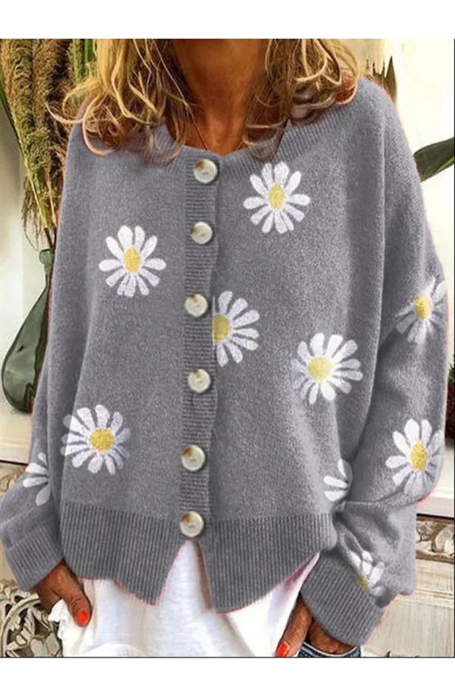 Clothing Azzlee Coats | Casual Graphic Tops Long Sleeve Round Neck Floral Printed Sweater Coat Gray