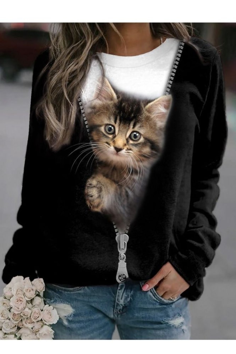 Clothing Azzlee Sweatshirt & Hoodies | Pullover Cat Street Round Neck Long Sleeve Sweatshirt Black