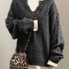 Clothing Azzlee Sweater & Cardigans | Casual Long Sleeve V Neck Solid Sweater Dark Gray