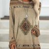 Clothing Azzlee Sweatshirt & Hoodies | Casual Graphic Tops Round Neck Long Sleeve Geometric Printed Sweatshirts Khaki