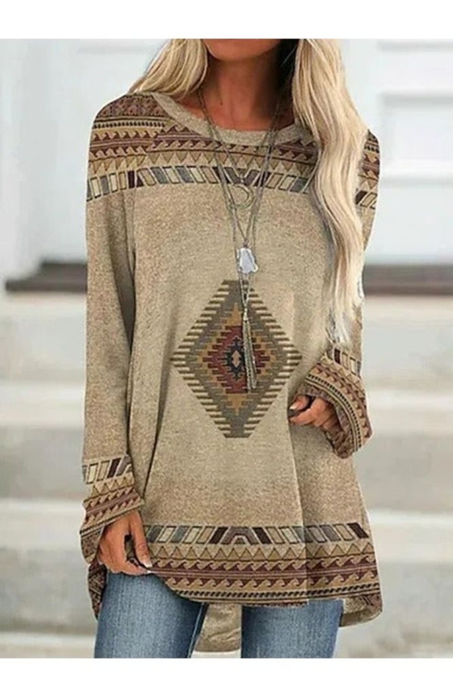 Clothing Azzlee Sweatshirt & Hoodies | Casual Graphic Tops Round Neck Long Sleeve Geometric Printed Sweatshirts Khaki