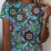 Clothing Azzlee Blouse & Shirts | Casual Graphic Tops Round Neck Short Sleeve Floral Printed Blouse Multicolor