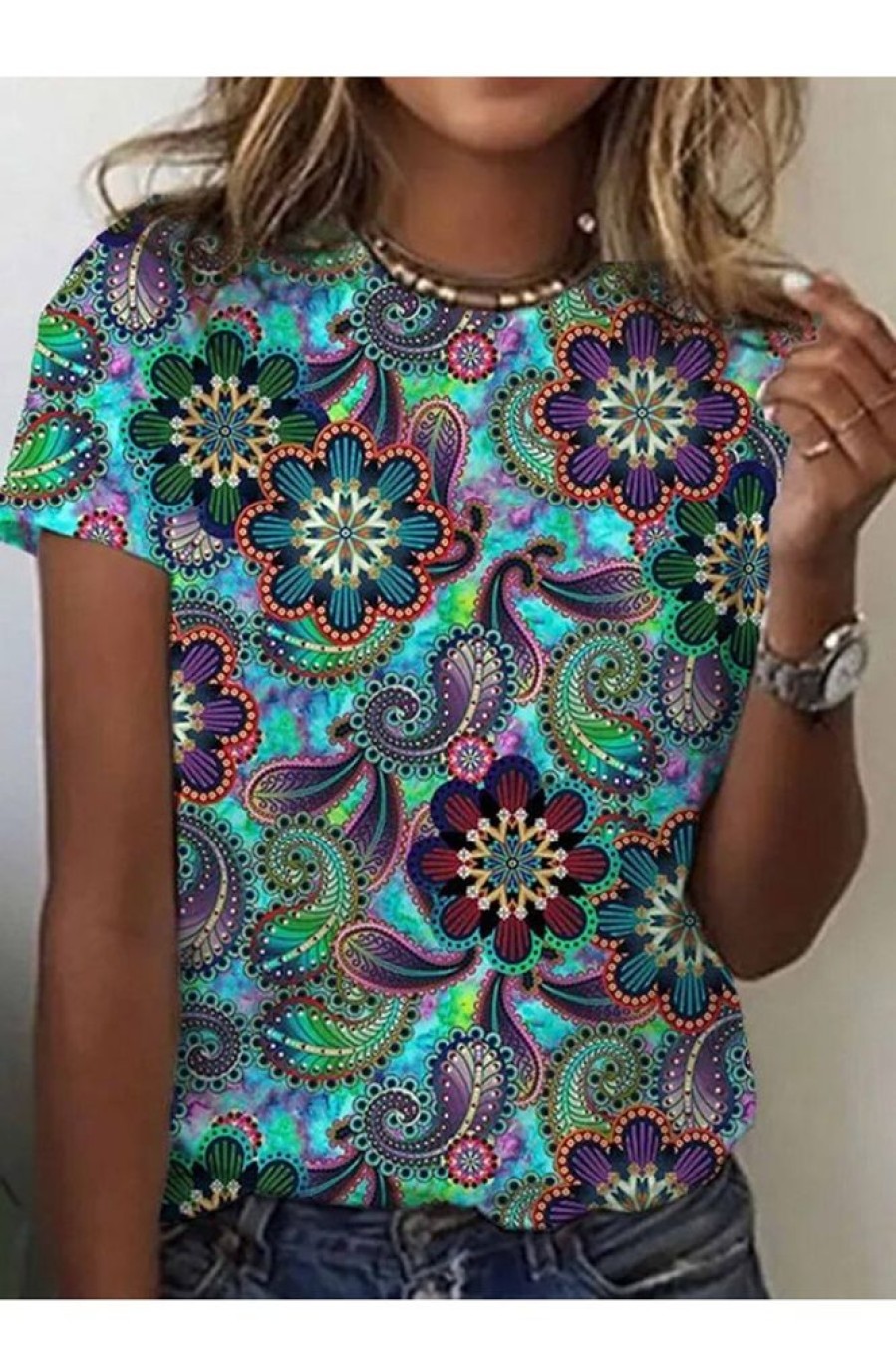 Clothing Azzlee Blouse & Shirts | Casual Graphic Tops Round Neck Short Sleeve Floral Printed Blouse Multicolor