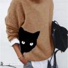 Clothing Azzlee Sweater & Cardigans | Casual Graphic Tops Long Sleeve Round Neck Cat Printed Sweater Khaki