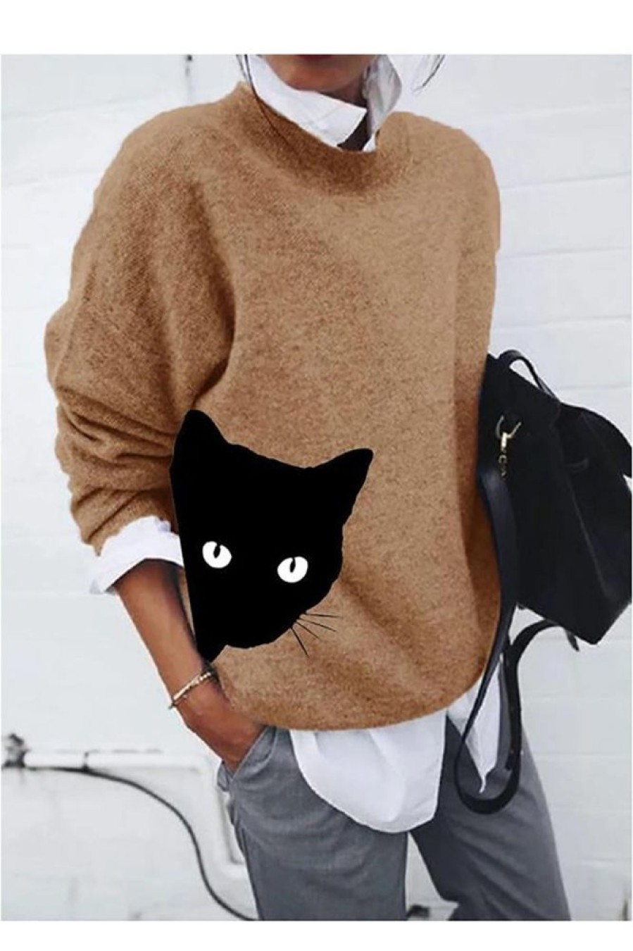 Clothing Azzlee Sweater & Cardigans | Casual Graphic Tops Long Sleeve Round Neck Cat Printed Sweater Khaki