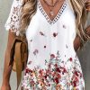 Clothing Azzlee Blouse & Shirts | Floral Printed V-Neck Hollow Out Short Sleeve Tops White