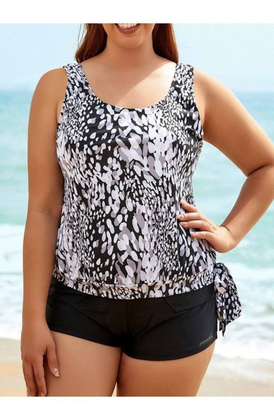 Clothing Azzlee Tankini | Plus Size Dew Drops Side Tie Blouson Tankini With Cargo Shorts Multi