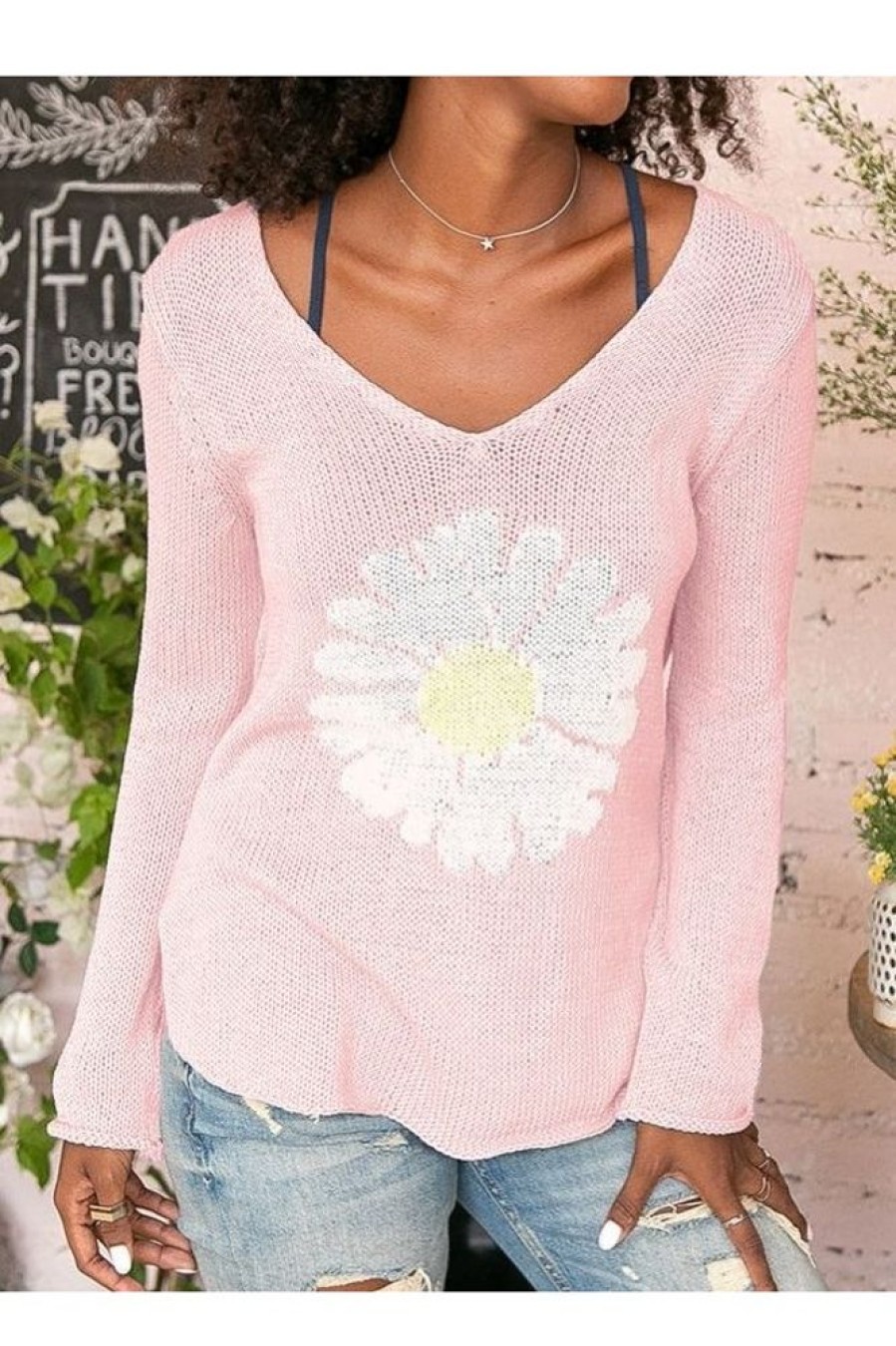 Clothing Azzlee Sweater & Cardigans | Casual Graphic Tops V Neck Long Sleeve Daisy Printed Sweater Pink Conch