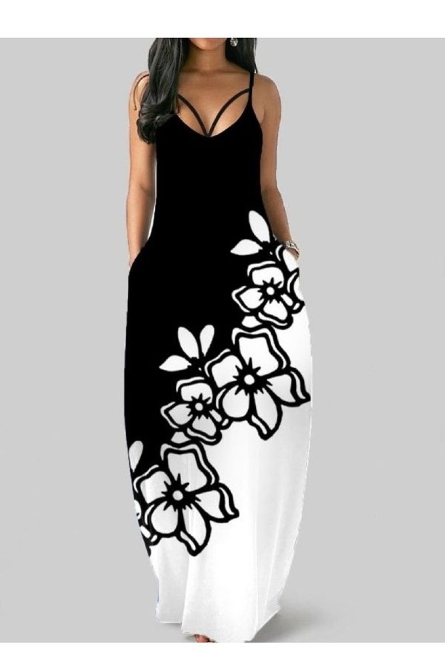 Clothing Azzlee Maxi Dresses | Casual Floral Printed Spaghetti Strap Maxi Dress Color Block