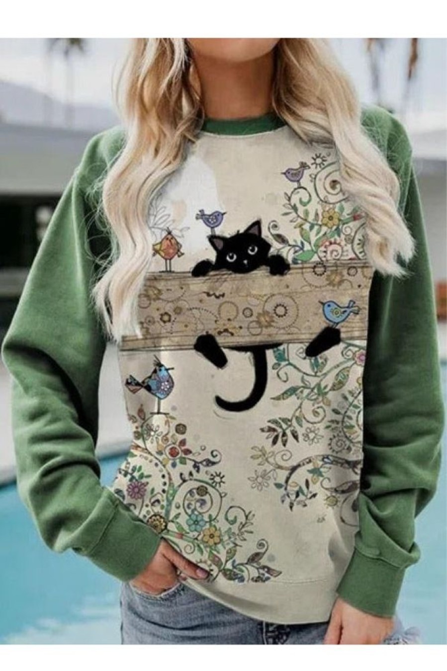 Clothing Azzlee Sweatshirt & Hoodies | Casual Graphic Tops Round Neck Cat Printed Long Sleeve Sweatshirts Green