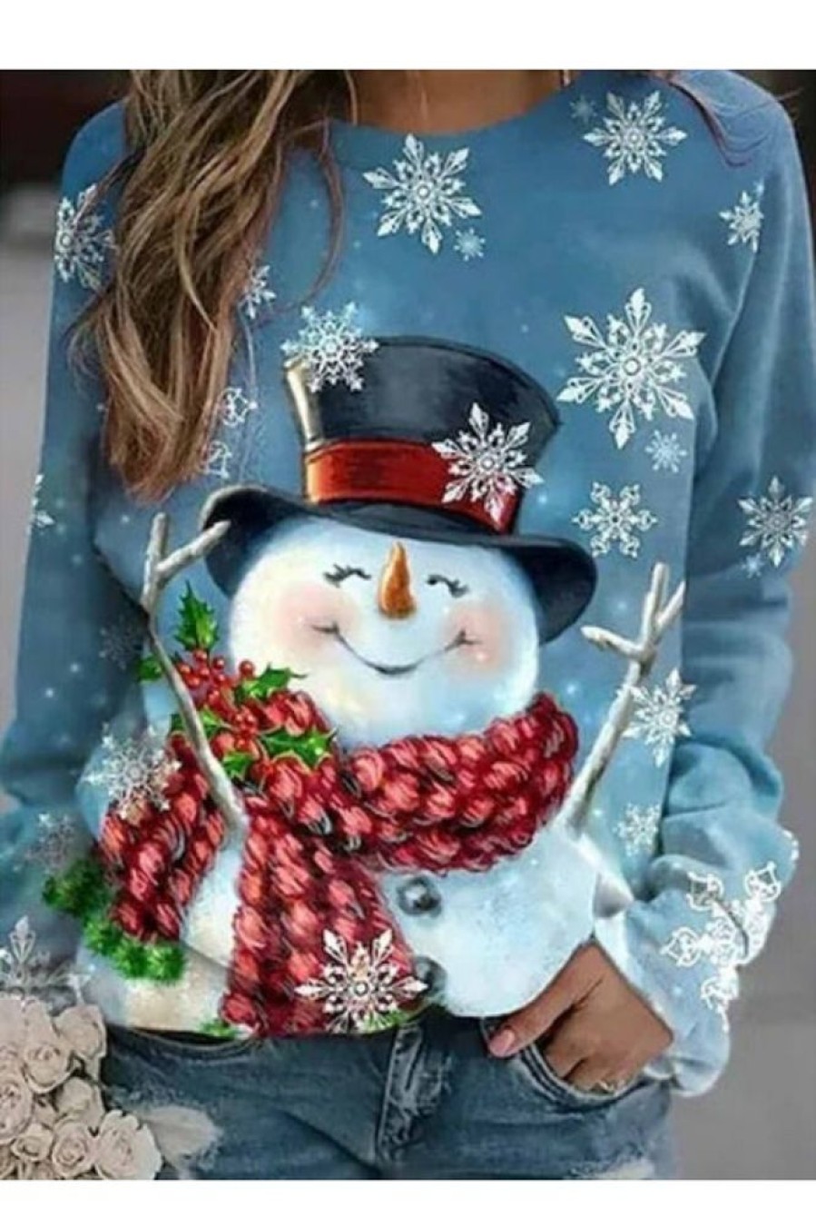 Clothing Azzlee Sweatshirt & Hoodies | Christmas Snowman Print Crew Neck Long Sleeve Sweatshirt Blue