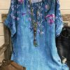 Clothing Azzlee Blouse & Shirts | Casual Graphic Tops Round Neck Floral Printed Short Sleeve Blouse Peacock Blue