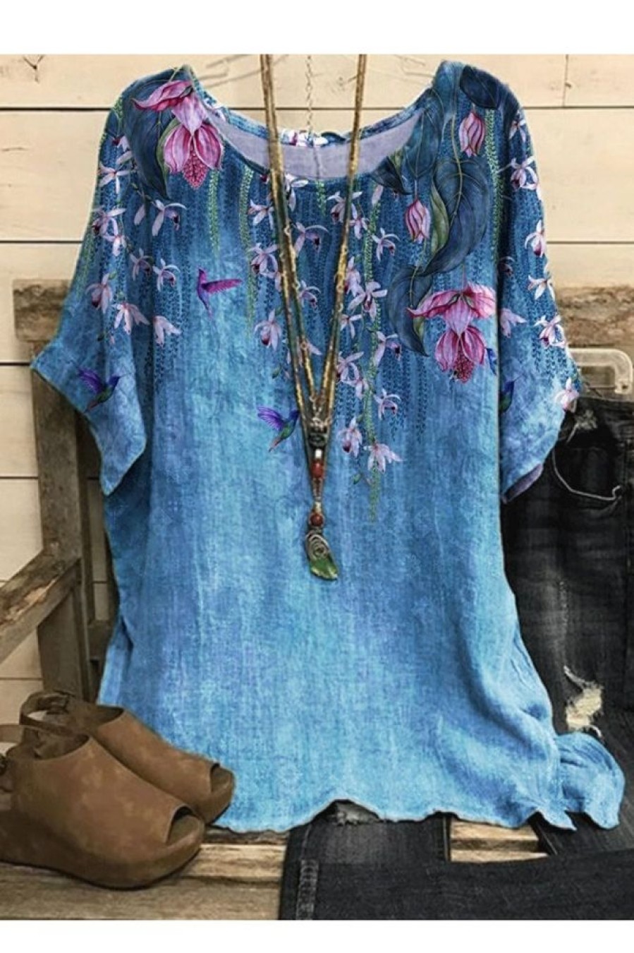 Clothing Azzlee Blouse & Shirts | Casual Graphic Tops Round Neck Floral Printed Short Sleeve Blouse Peacock Blue