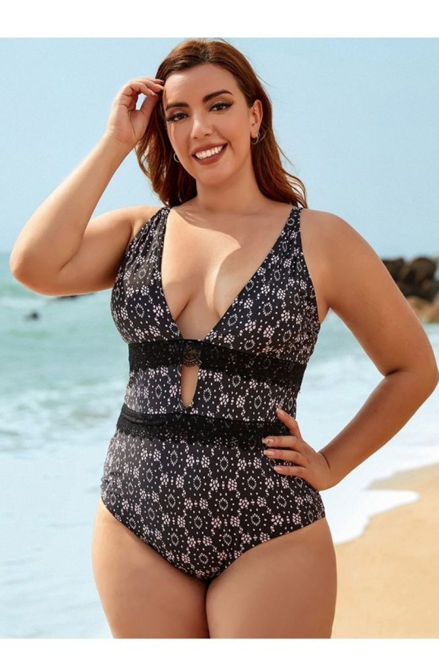 Clothing Azzlee Plus Size | Plus Size Mesh Deep V-Neck Adjustable Straps One Piece Black