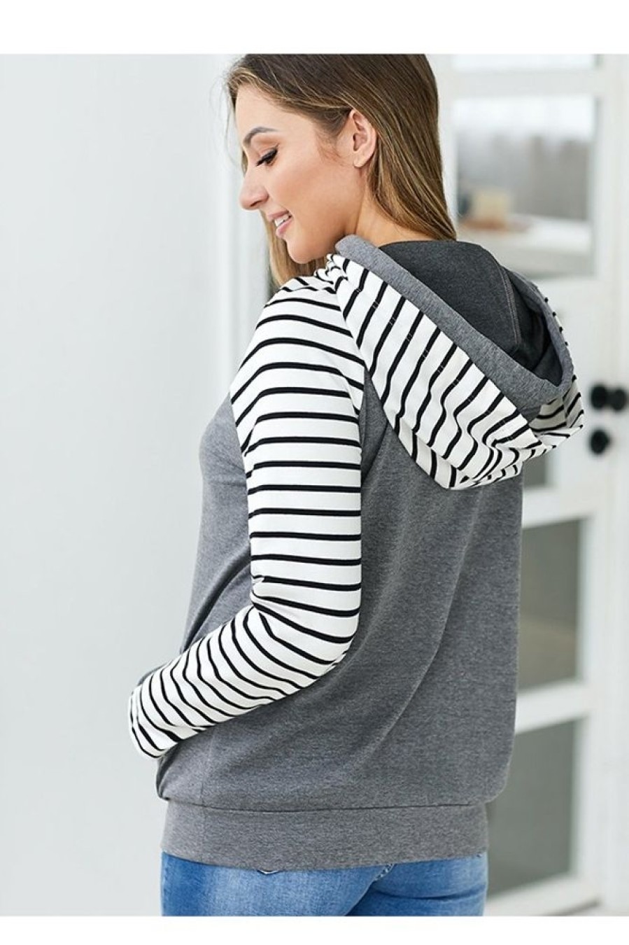 Clothing Azzlee Sweatshirt & Hoodies | Stripe Splicing Hoodie Sweatshirt Grey