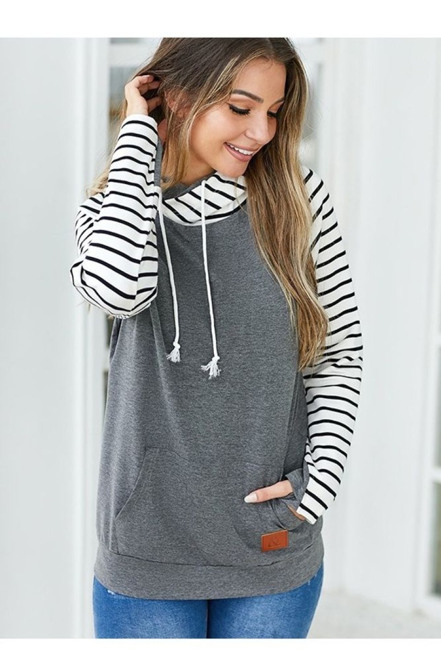 Clothing Azzlee Sweatshirt & Hoodies | Stripe Splicing Hoodie Sweatshirt Grey