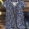 Clothing Azzlee Blouse & Shirts | Multi Floral Print V-Neck Casual Blouse Blue Indigo Multi