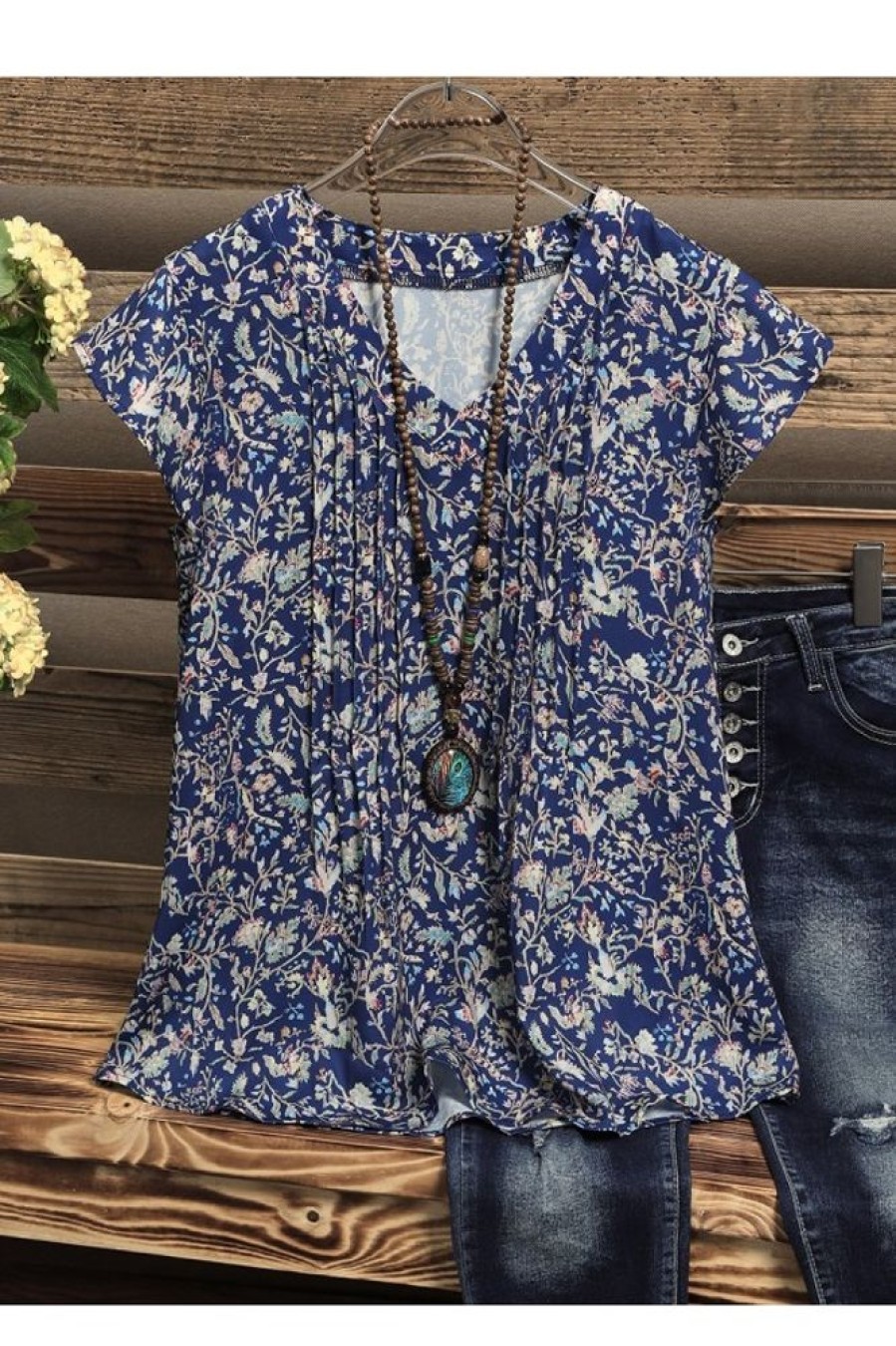 Clothing Azzlee Blouse & Shirts | Multi Floral Print V-Neck Casual Blouse Blue Indigo Multi