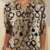 Clothing Azzlee Blouse & Shirts | Leopard Buttons Collared 3/4 Sleeve Blouse Khaki