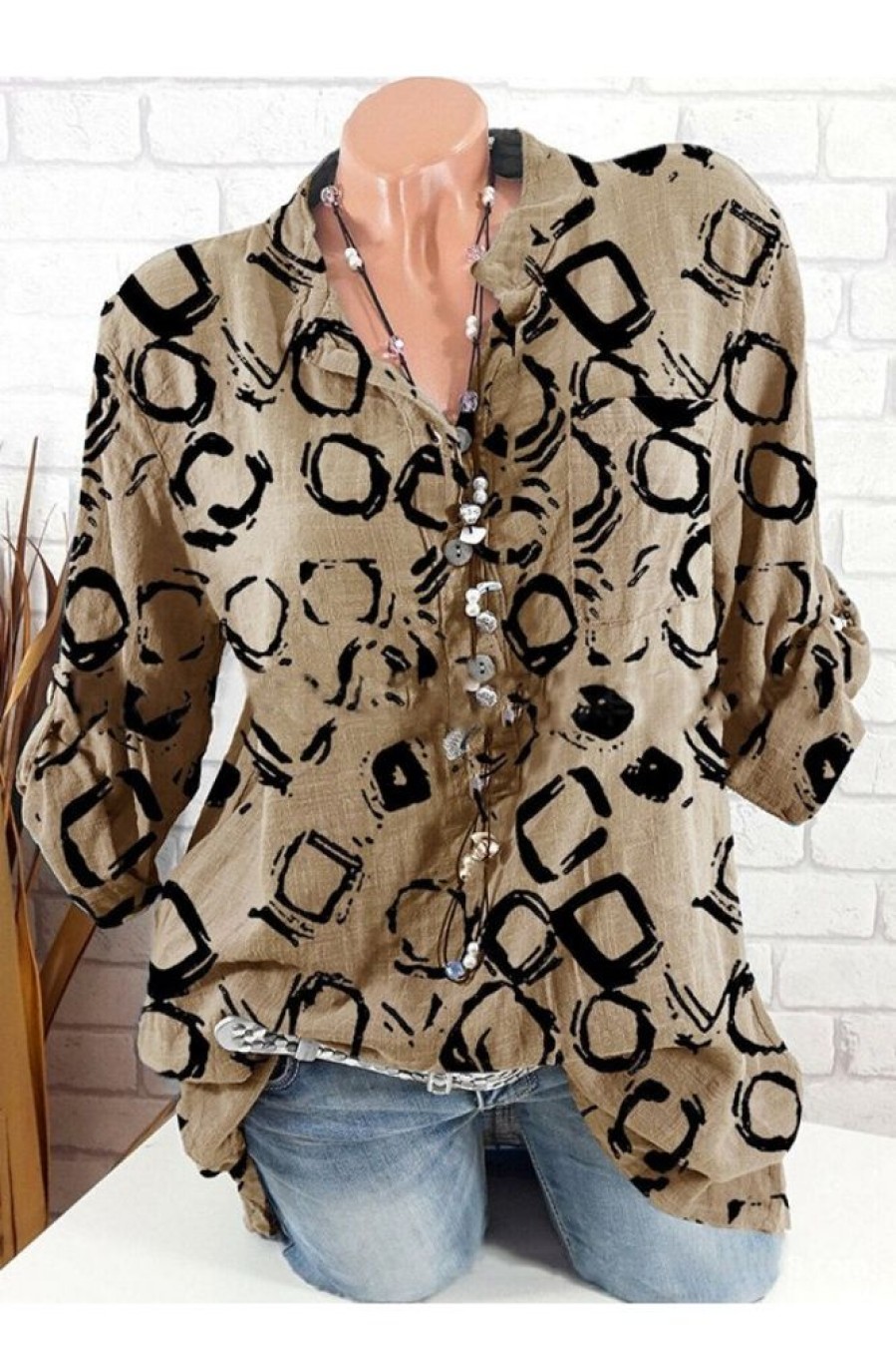 Clothing Azzlee Blouse & Shirts | Leopard Buttons Collared 3/4 Sleeve Blouse Khaki