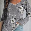 Clothing Azzlee Sweatshirt & Hoodies | Casual Tops V-Neck Long Sleeve Floral Printed Sweatshirts Gray