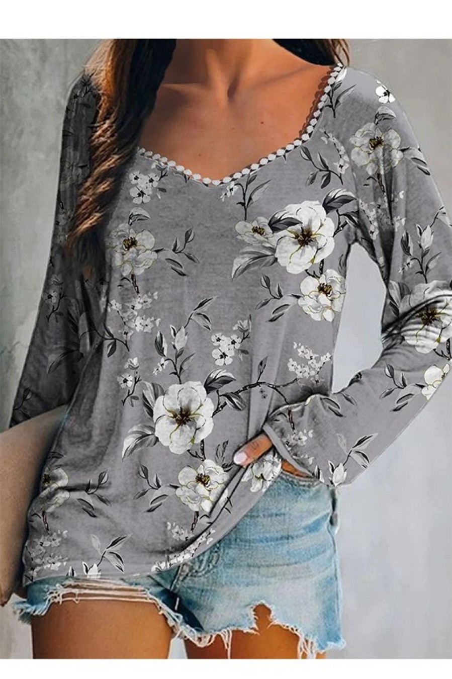 Clothing Azzlee Sweatshirt & Hoodies | Casual Tops V-Neck Long Sleeve Floral Printed Sweatshirts Gray