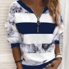 Clothing Azzlee Sweatshirt & Hoodies | Casual Tops V-Neck Long Sleeve Stripe Printed Sweatshirts Blue