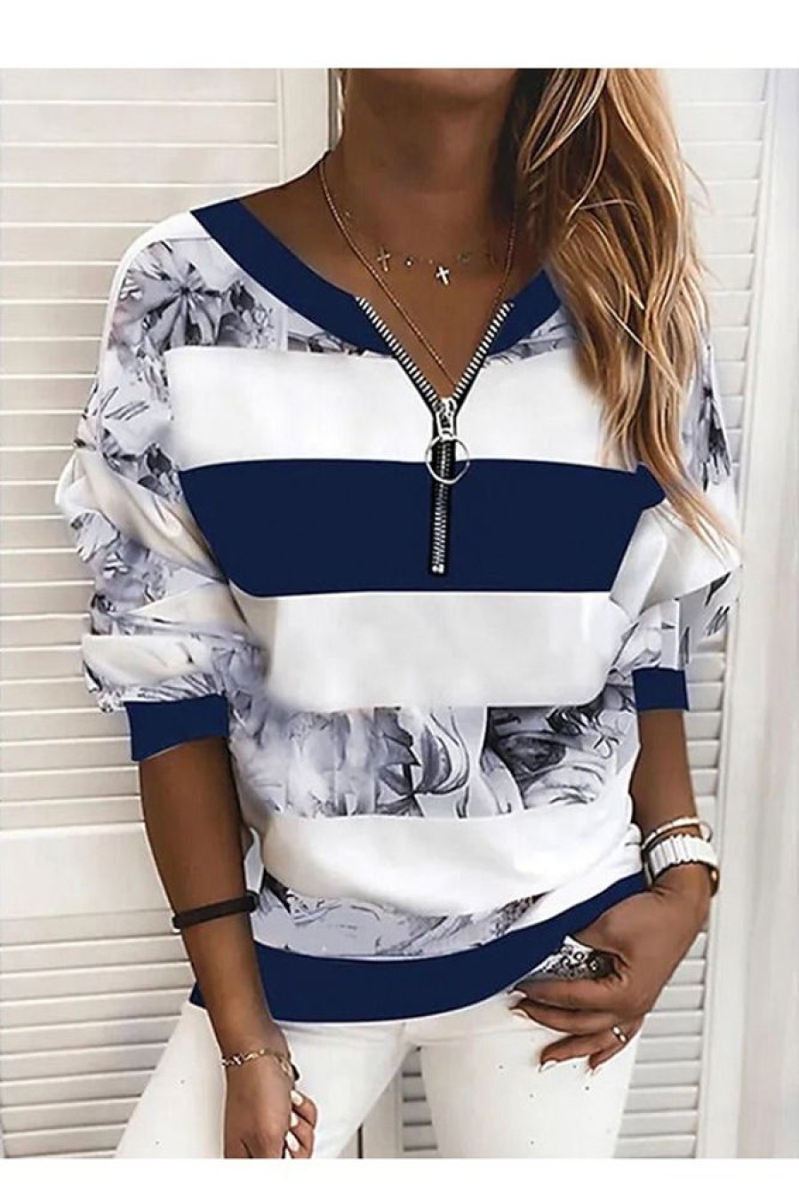 Clothing Azzlee Sweatshirt & Hoodies | Casual Tops V-Neck Long Sleeve Stripe Printed Sweatshirts Blue