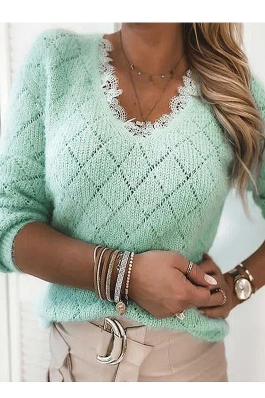 Clothing Azzlee Sweater & Cardigans | Casual Tops V-Neck Long Sleeve Solid Sweater Green