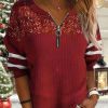 Clothing Azzlee Sweater & Cardigans | Casual V Neck Splicing Half Sleeve Xmas Sweater Red