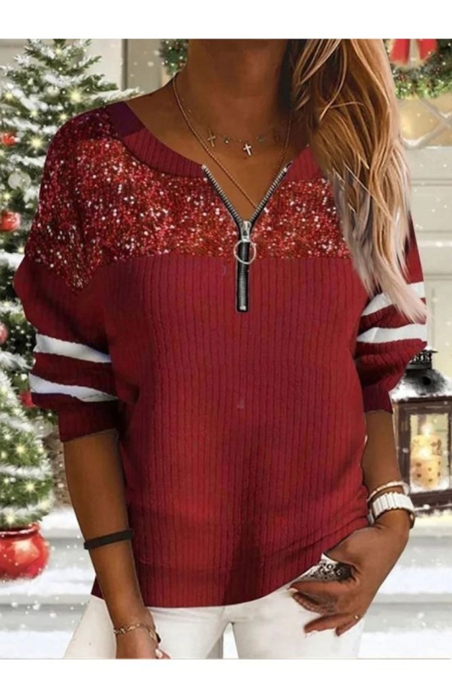 Clothing Azzlee Sweater & Cardigans | Casual V Neck Splicing Half Sleeve Xmas Sweater Red