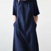 Clothing Azzlee Midi Dresses | Cotton Crew Neck Short Sleeve Midi Dress Navy Blue