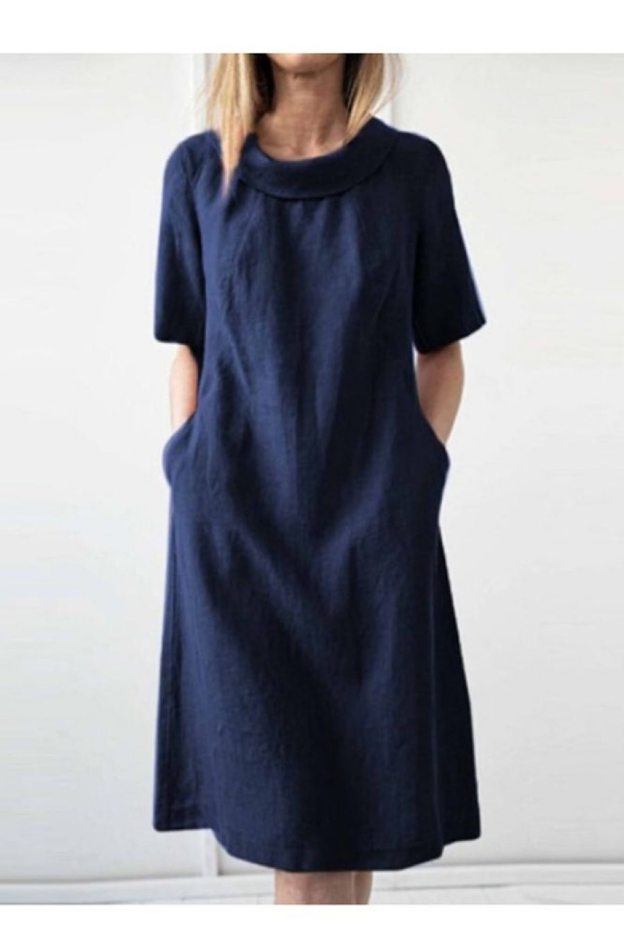 Clothing Azzlee Midi Dresses | Cotton Crew Neck Short Sleeve Midi Dress Navy Blue