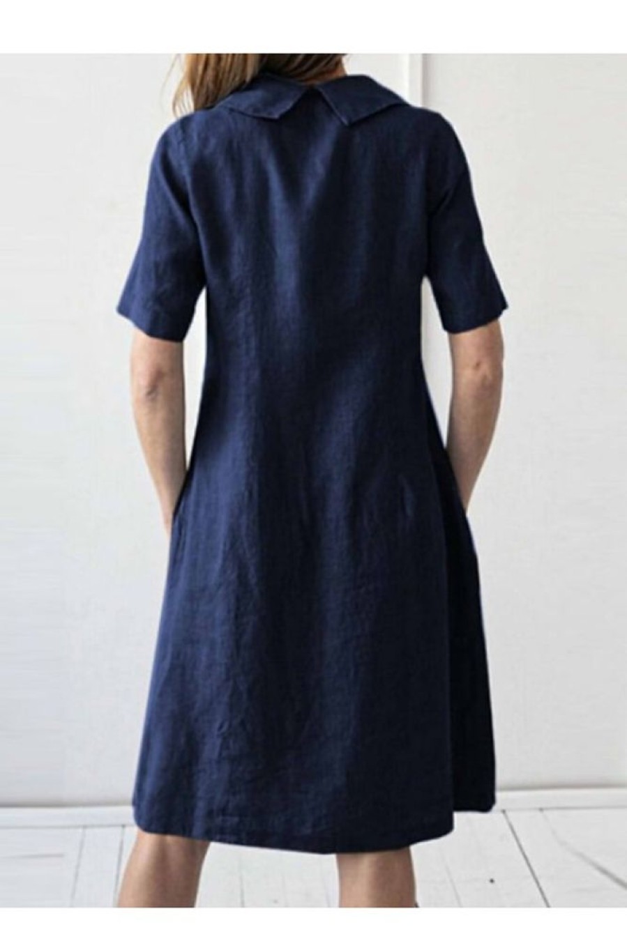 Clothing Azzlee Midi Dresses | Cotton Crew Neck Short Sleeve Midi Dress Navy Blue