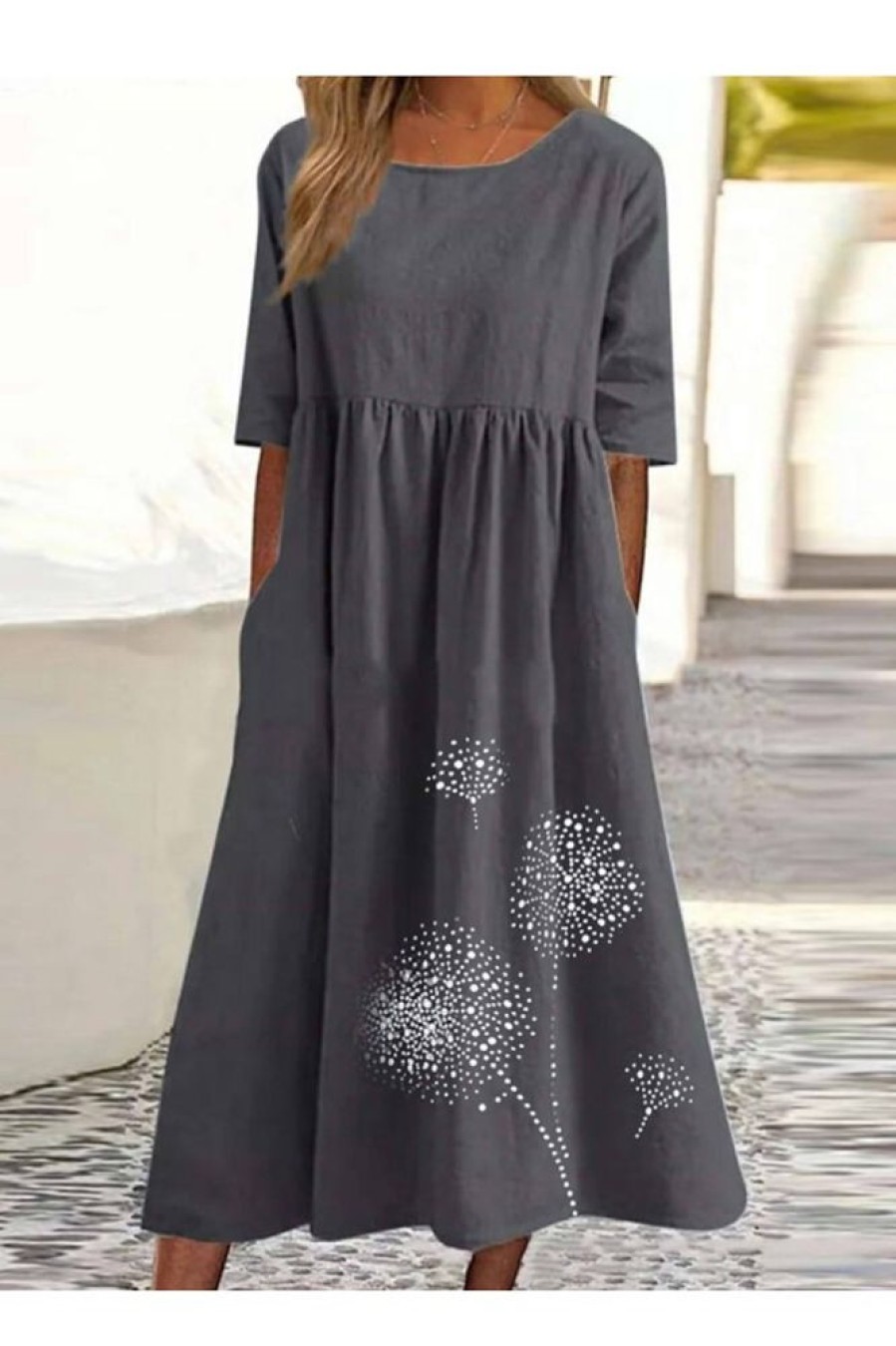 Clothing Azzlee Midi Dresses | Casual Crew Neck Half Sleeve Cotton Midi Dress Dark Gray