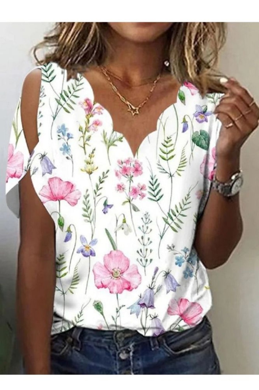 Clothing Azzlee Blouse & Shirts | Casual V Neck Floral Printed Short Sleeve Blouse White