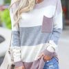 Clothing Azzlee Sweater & Cardigans | Round Neck Stripe Pockets Casual Long Sleeve Sweater White