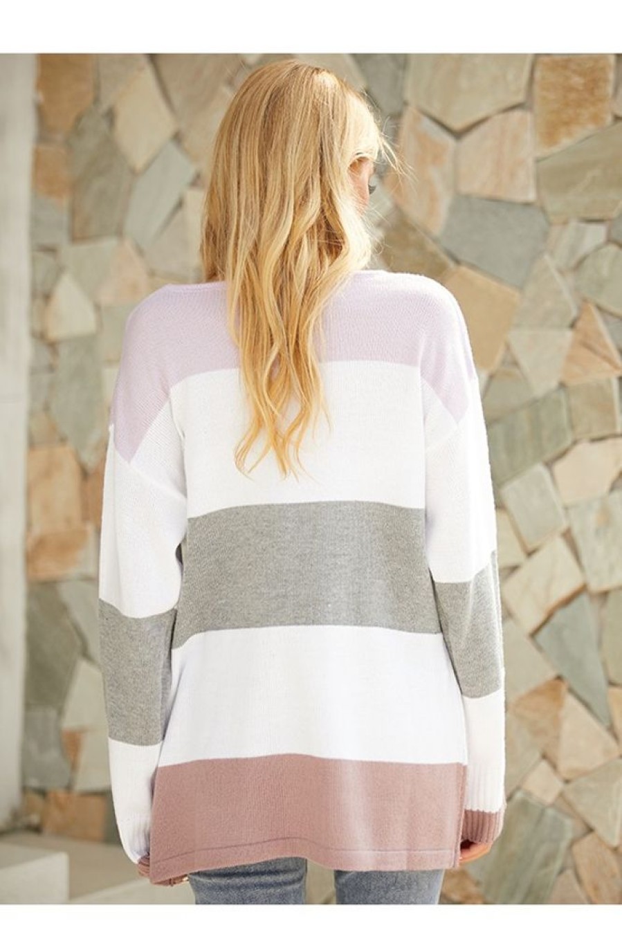 Clothing Azzlee Sweater & Cardigans | Round Neck Stripe Pockets Casual Long Sleeve Sweater White