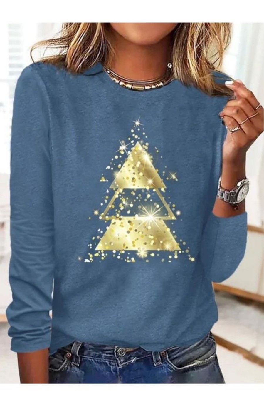 Clothing Azzlee Sweatshirt & Hoodies | Casual Graphic Tops Round Neck Christmas Tree Printed Long Sleeve Xmas Sweatshirts Blue