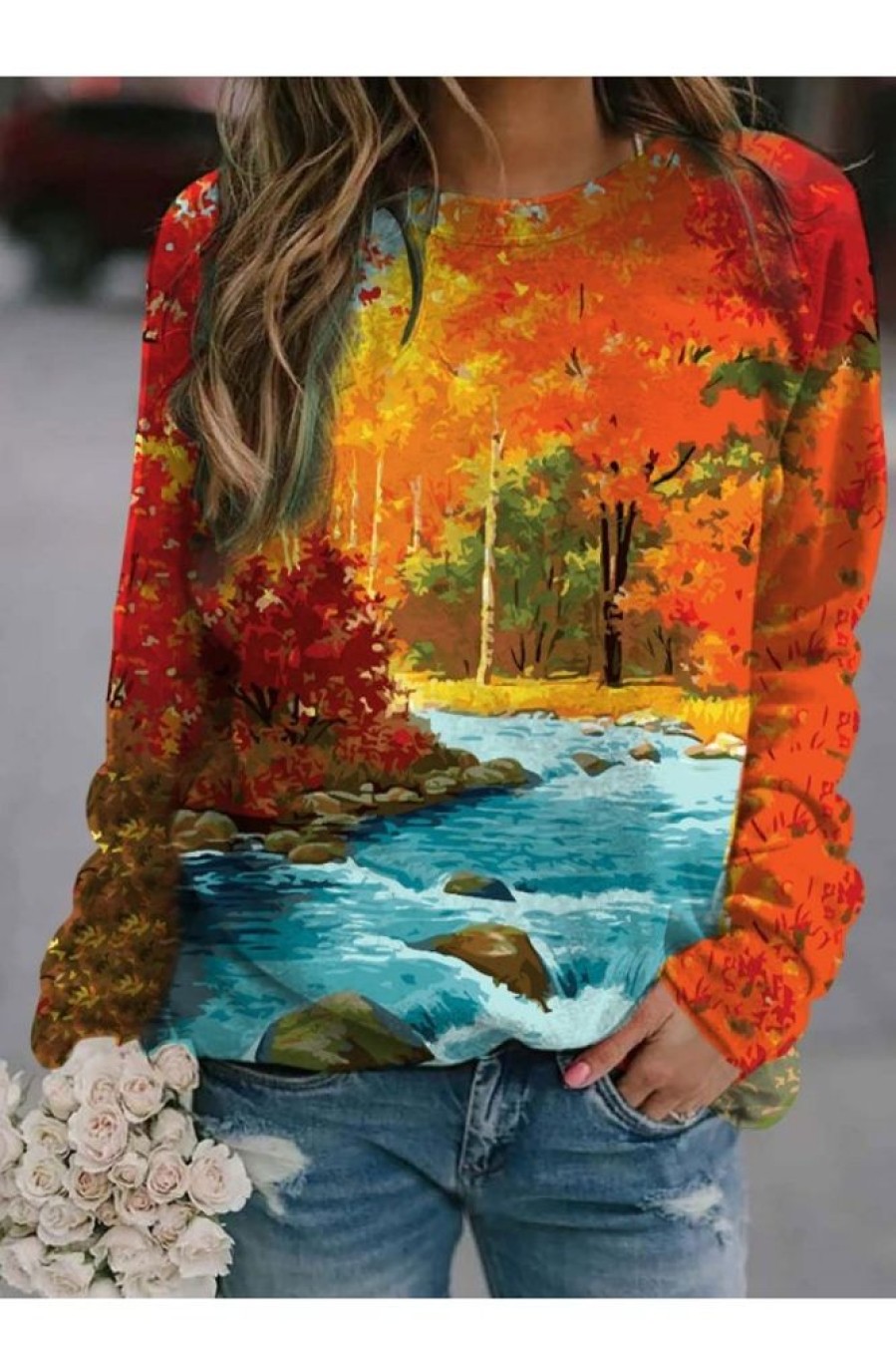 Clothing Azzlee Sweatshirt & Hoodies | Casual Graphic Tops Round Neck Long Sleeve Landscape Printed Sweatshirts Multi