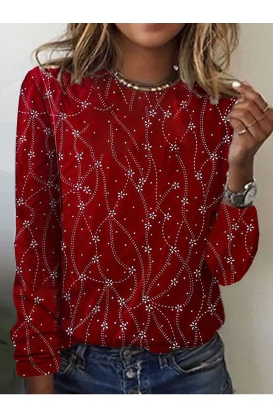 Clothing Azzlee Sweatshirt & Hoodies | Casual Round Neck Printed Long Sleeve Blouse Red