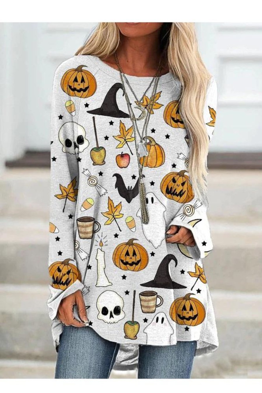 Clothing Azzlee Sweatshirt & Hoodies | Casual Graphic Tops Round Neck Long Sleeve Halloween Printed Sweatshirts White